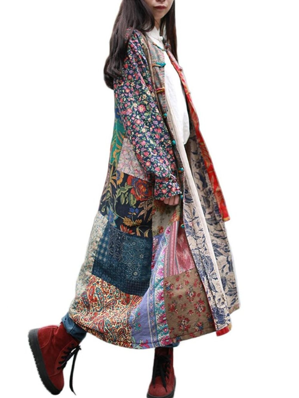 Women Patchwork Trench Coat, Bohemian Floral Print Long Cotton Linen Jacket